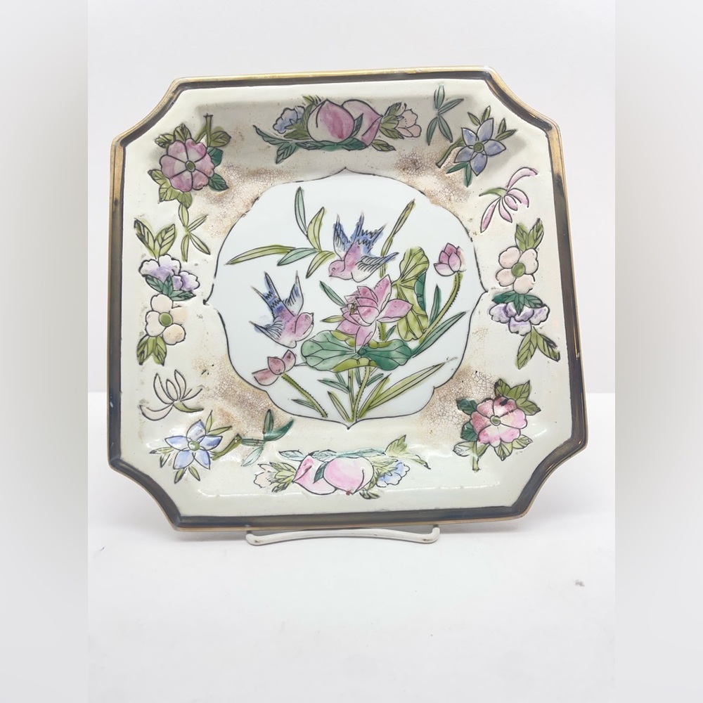 Vintage Asian Square Gold Rimmed Plate Birds Swallows Made in Macau MARKED